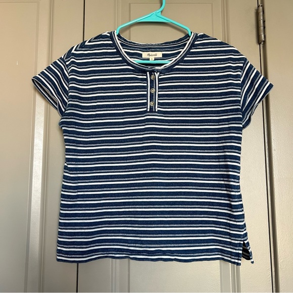 Madewell Small Brother Henley Short Sleeve Tee in Indigo Stripe Blue White Black - Picture 1 of 6